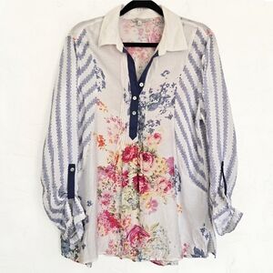 John Mark Floral Pintuck Striped Loose White Blue Half Button Top, L